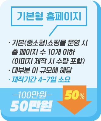기본형 홈페이지,50만원,일반적으로 가장많은 규모의 중소형 쇼핑몰에 적합